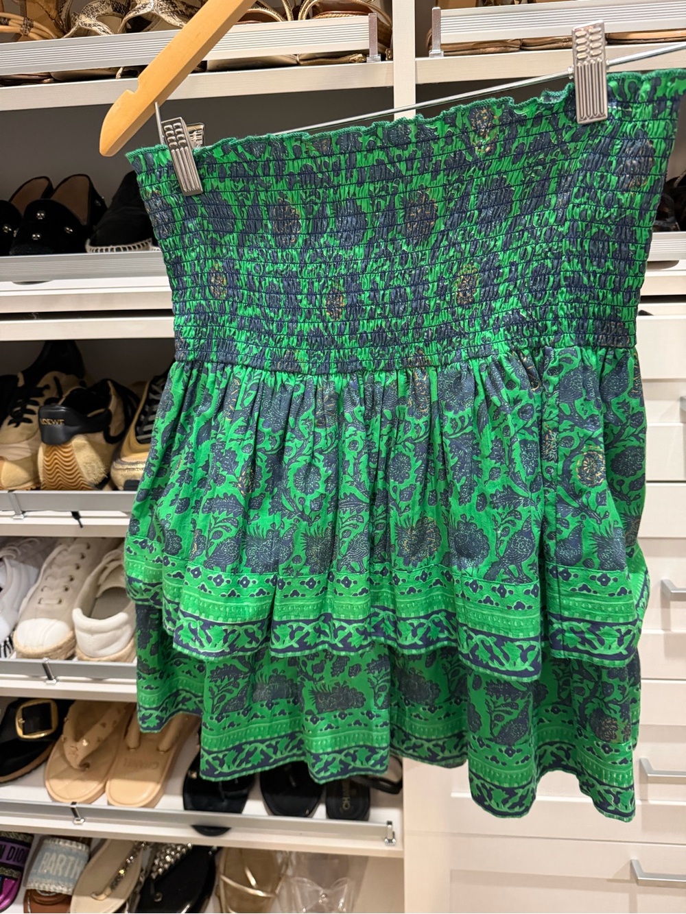 Gently worn La Plage Green Patterned Smocked Waist Mini Skirt